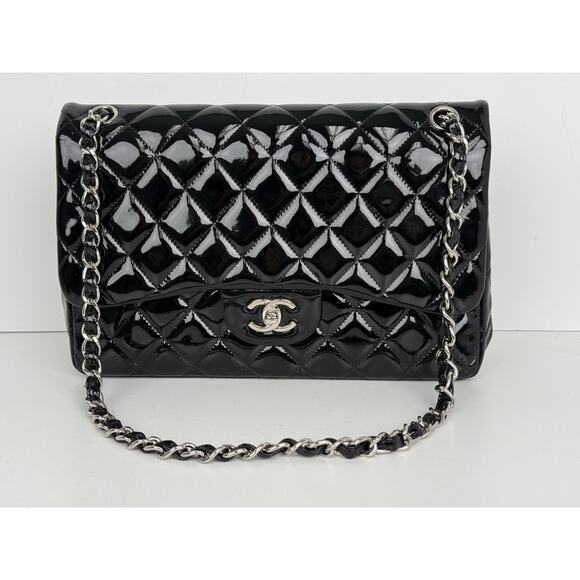 Chanel Patent Quilted Jumbo Single Flap Bag Black with Silver Hardware B-2 - Picture 2 of 16